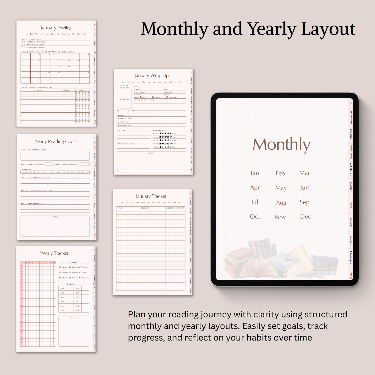 Set of reading planner sheets and digital tablet displaying monthly layout on a light gray background.